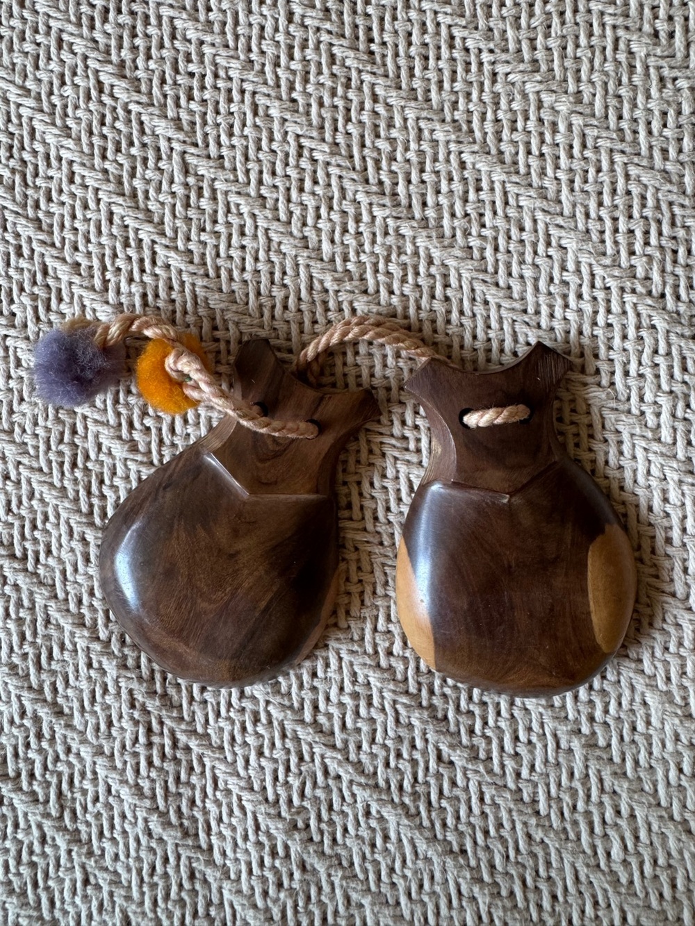 From Cuba,  1955, Wooden Castanets with Braided Cord and Pom-Pom